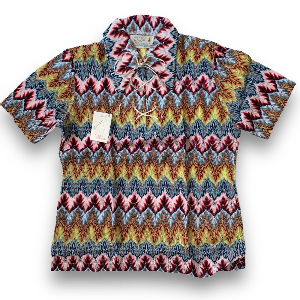 Deadstock 60s! Vintage Mod Dagger Collar Flame Crochet Knit Top - Picture 5 of 13